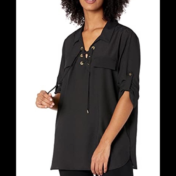 Calvin Klein modern essentials black roll tab sleeve blouse, Size S, NWT - Picture 10 of 10
